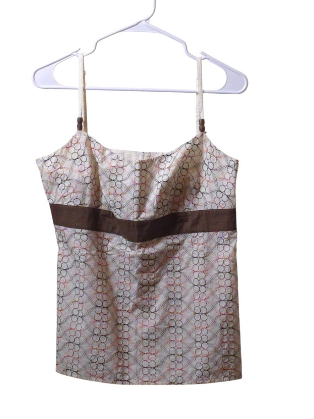 LOFT Embroidered Floral Cami Tank Top Size 6 Brown Pink Cotton Ribbon Waist